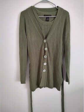 Linda Matthews Olive Green Ribbed Knit Cardigan and Sleeveless Top Set Size M,